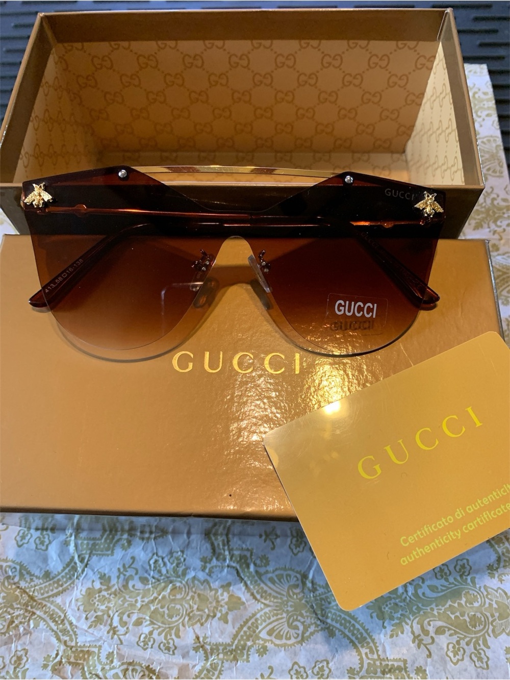 Gucci Brown Gradient Shield Sunglasses with Gold Bee Accents